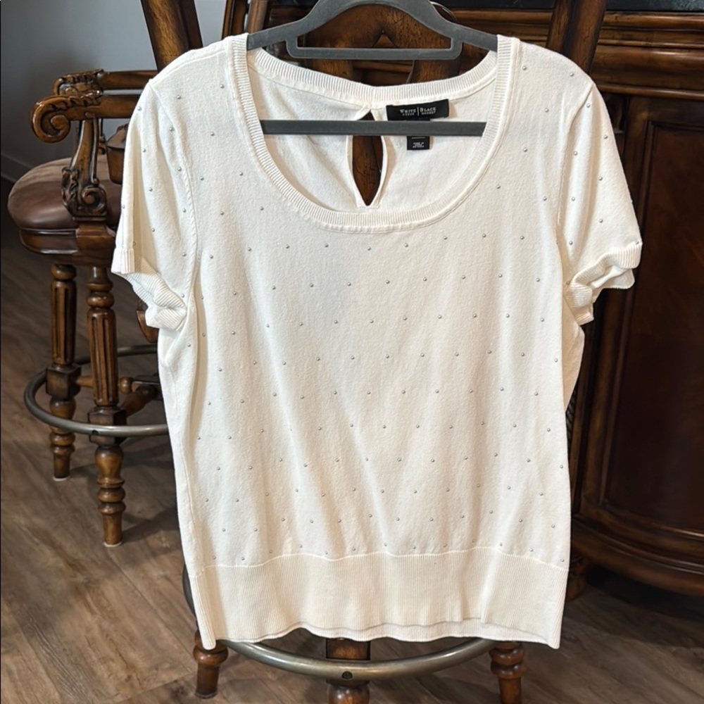 White House Black Market Cream Short Sleeve Embellished Top